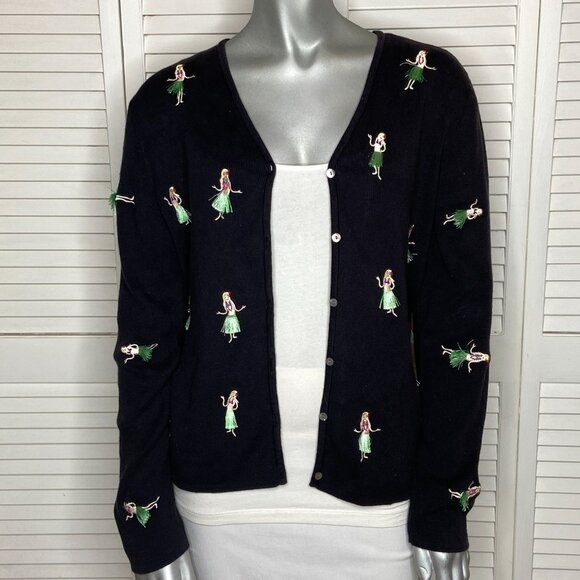 Vintage 00s ALEXANDRA BARTLETT Black Embroidered HULA Dancer Cardigan Sweater L - Picture 2 of 6